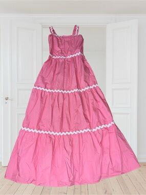 🆕#307~Red Leaf~Pink Tiered Maxi Dress with White Trim, Size Sm